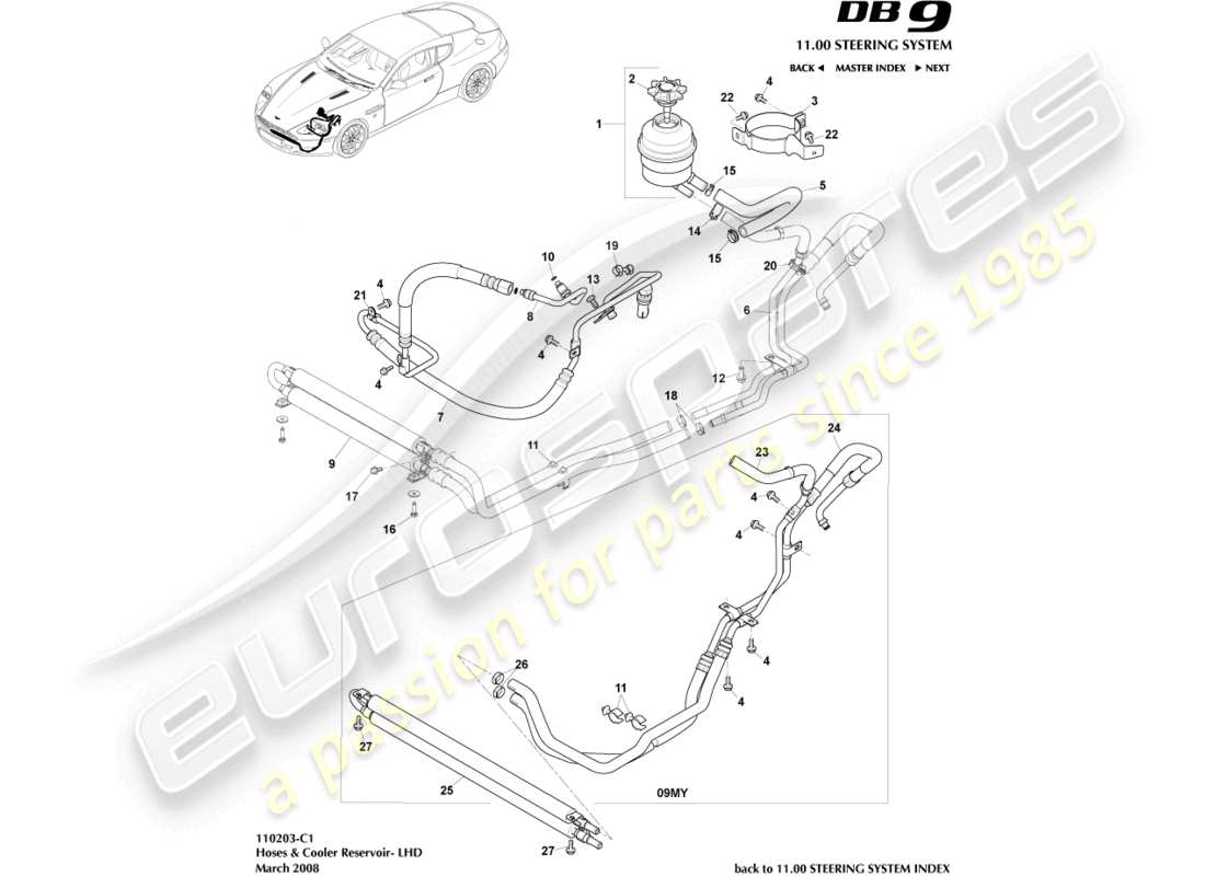 aston martin db9 (2008) refroidisseur, tuyaux et réservoir, diagramme de pièces lhd