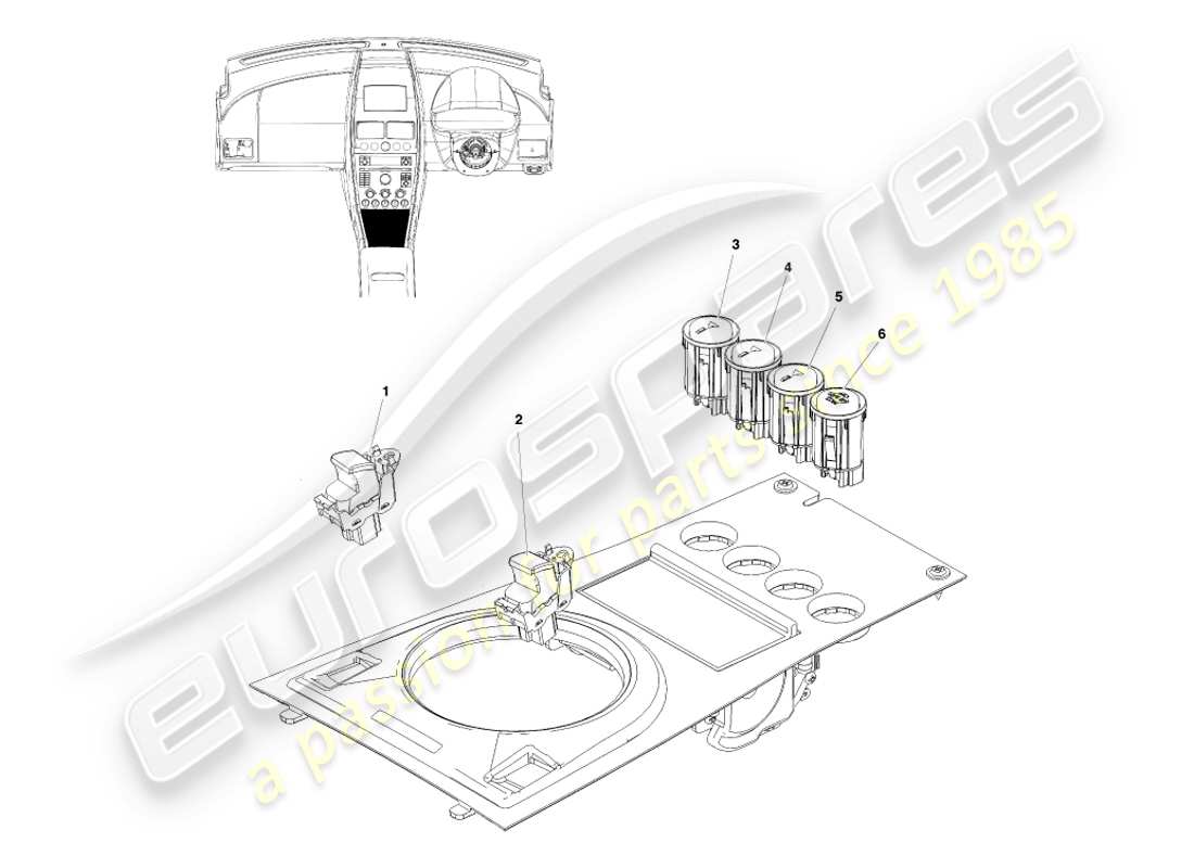 aston martin v8 vantage (2005) commutateurs de console, coupé, diagramme de pièce rhd