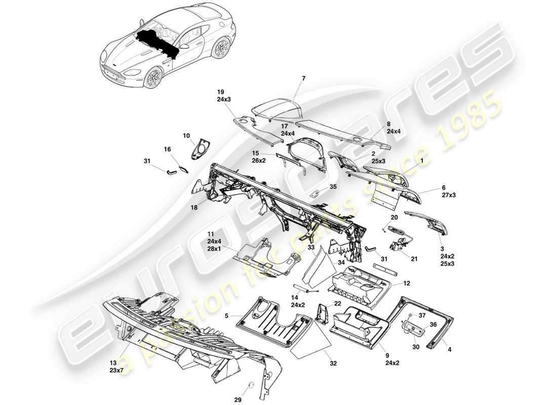 aston martin v8 vantage (2005) tableau de bord, diagramme de pièces rhd