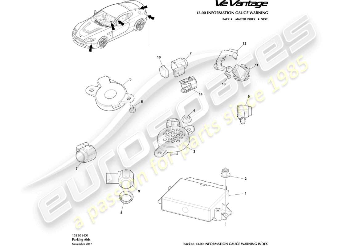 aston martin v12 vantage (2013) schéma des pièces des capteurs d'aide au stationnement