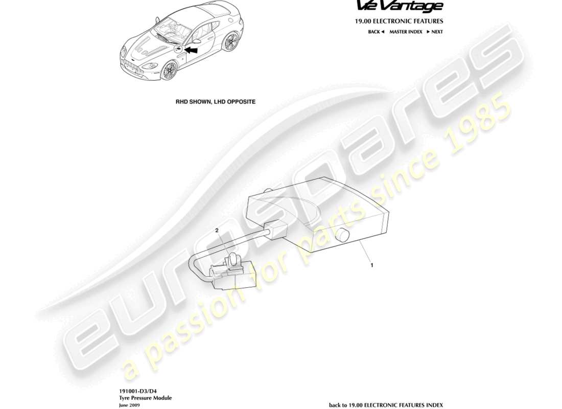 aston martin v12 vantage (2010) schéma des pièces du module de pression des pneus