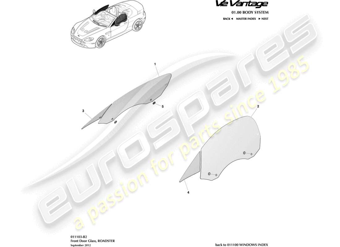 aston martin v12 vantage (2010) vitre de porte, diagramme de pièce du roadster