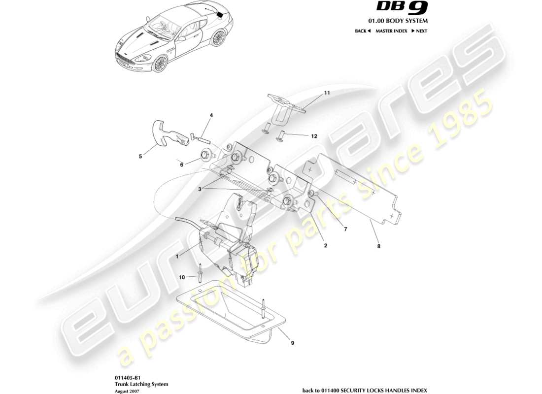 aston martin db9 (2007) schéma des pièces du système de verrouillage du coffre