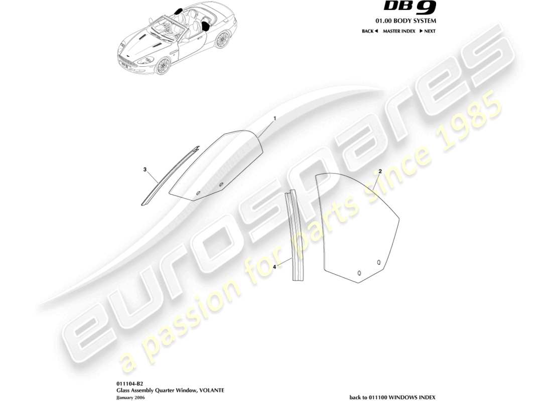 aston martin db9 (2008) vitre de custode arrière, diagramme de pièce volante