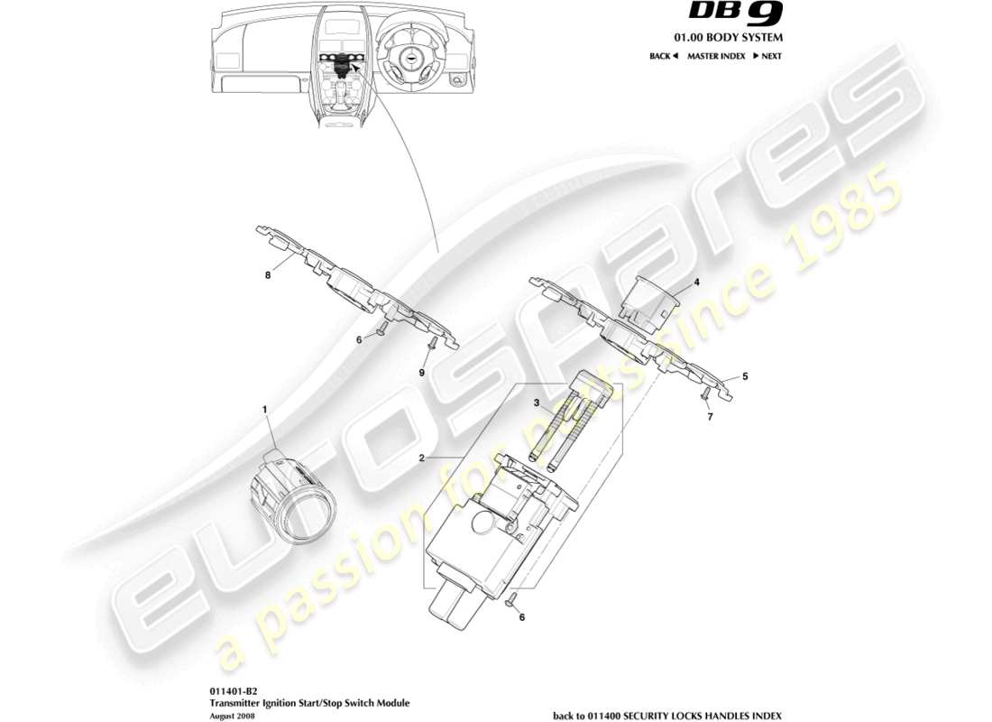 aston martin db9 (2008) diagramme des pièces du module de démarrage/arrêt