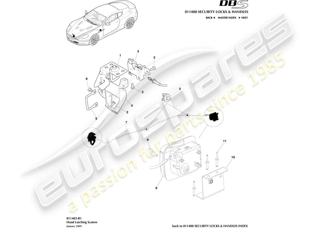 aston martin dbs (2008) système de verrouillage du capot schéma des pièces