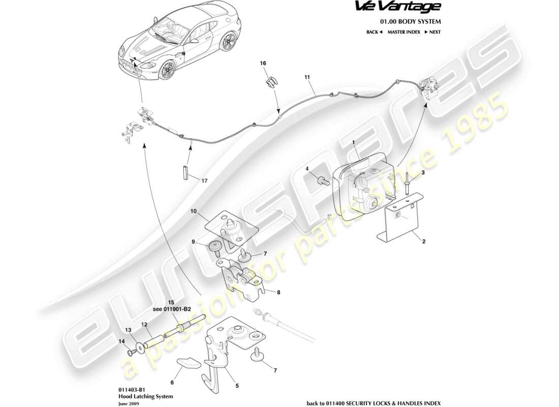 aston martin v12 vantage (2010) schéma des pièces du système de verrouillage du capot