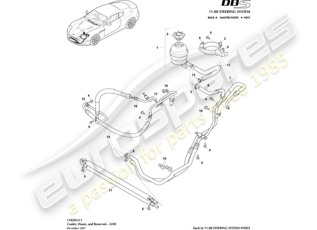 aston martin dbs (2010) refroidisseur, tuyaux et réservoir, diagramme de pièces lhd