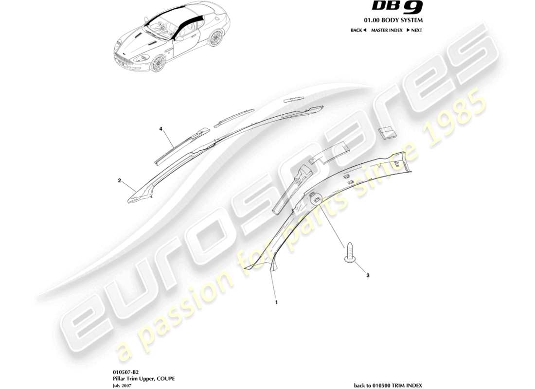 aston martin db9 (2007) garniture de pilier, supérieure, schéma des pièces du coupé