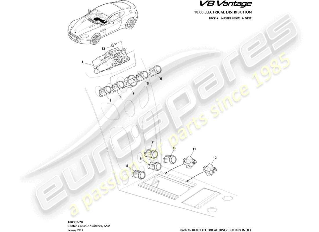 aston martin v8 vantage (2008) commutateurs de pile centrale, asm, diagramme de pièces 16my