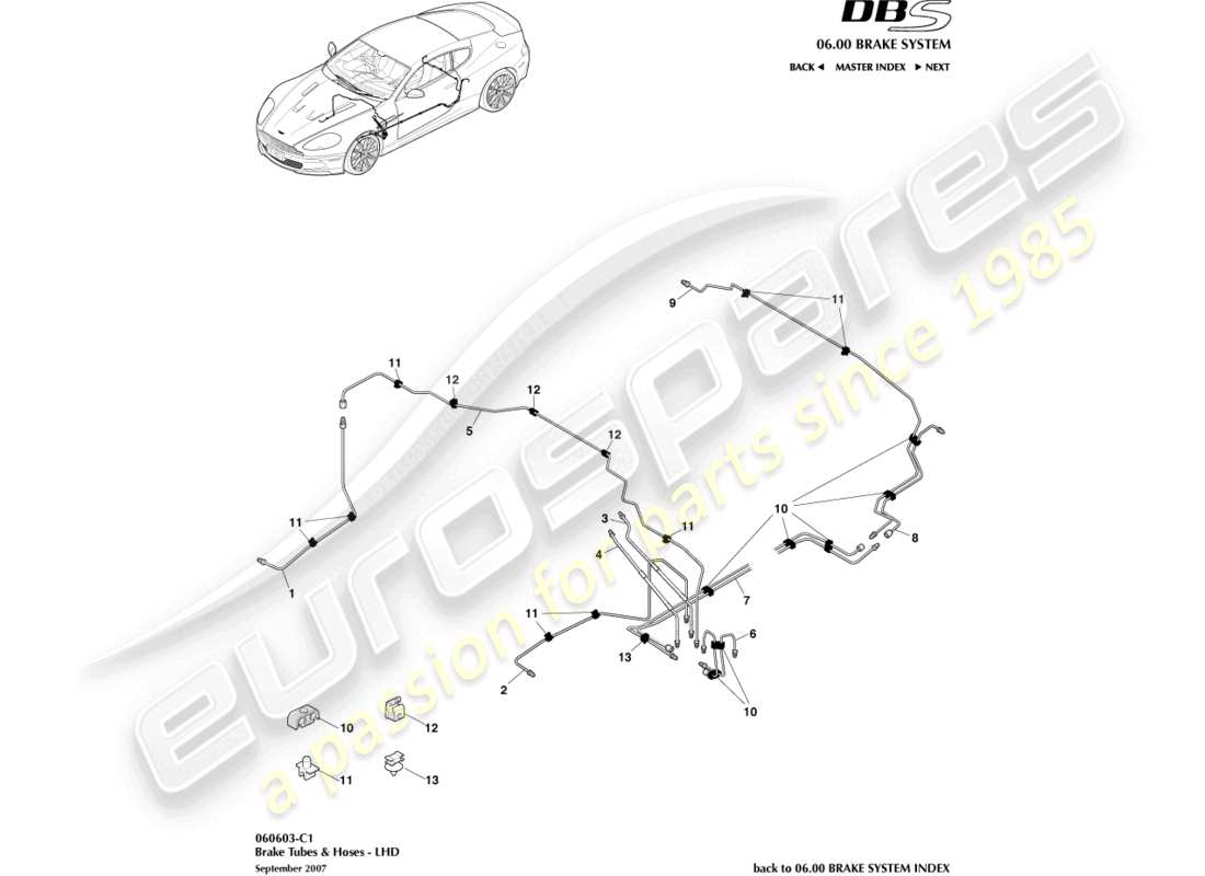aston martin dbs (2010) conduites et flexibles de frein, diagramme de pièces lhd