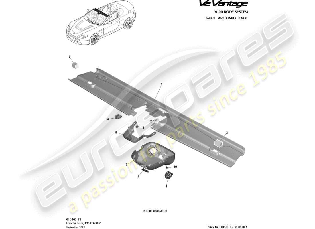aston martin v12 vantage (2013) garniture de collecteur, diagramme de pièce du roadster