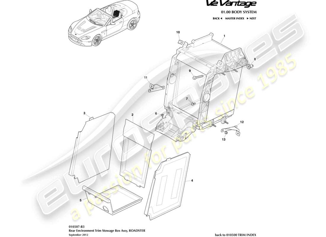 aston martin v12 vantage (2010) garniture d'environnement arrière, diagramme de pièce du roadster