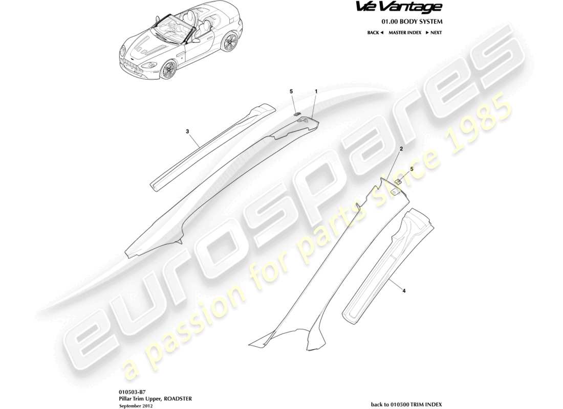 aston martin v12 vantage (2010) garniture de pilier, supérieure, diagramme de pièce du roadster