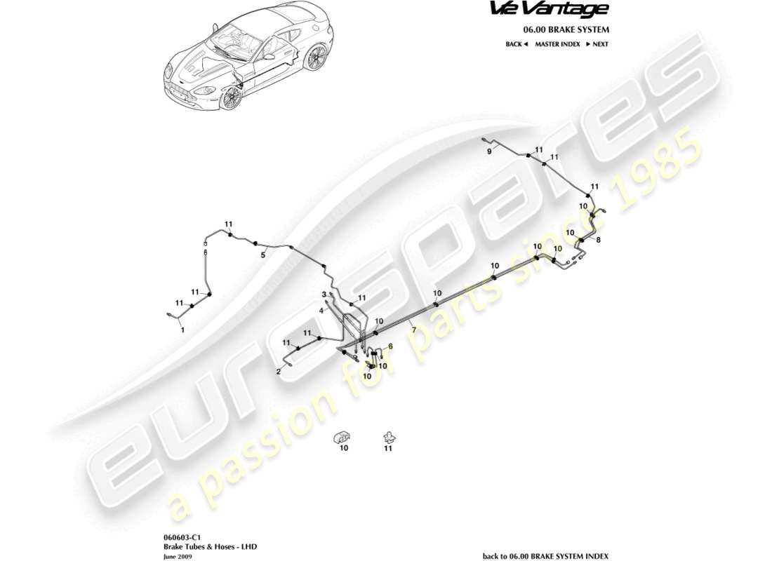 aston martin v12 vantage (2010) conduites et flexibles de frein, diagramme de pièces lhd