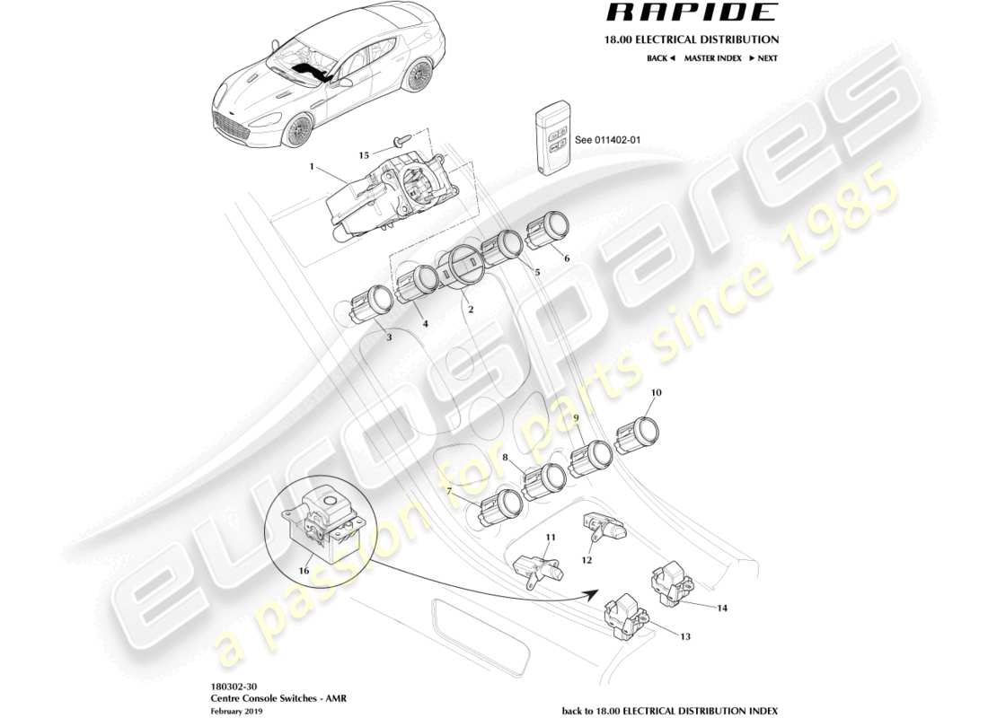 aston martin rapide (2010) commutateurs de console centrale, amr schéma des pièces