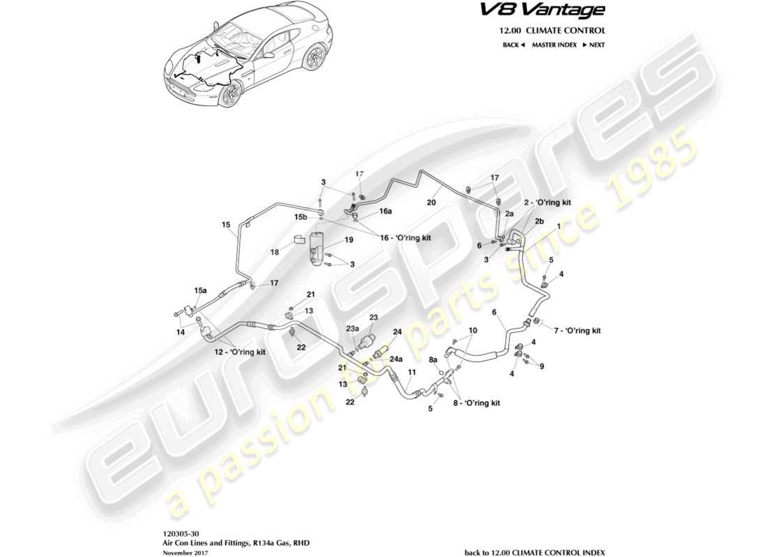 aston martin v8 vantage (2008) conduites de climatisation, r134a gaz, diagramme de pièces rhd