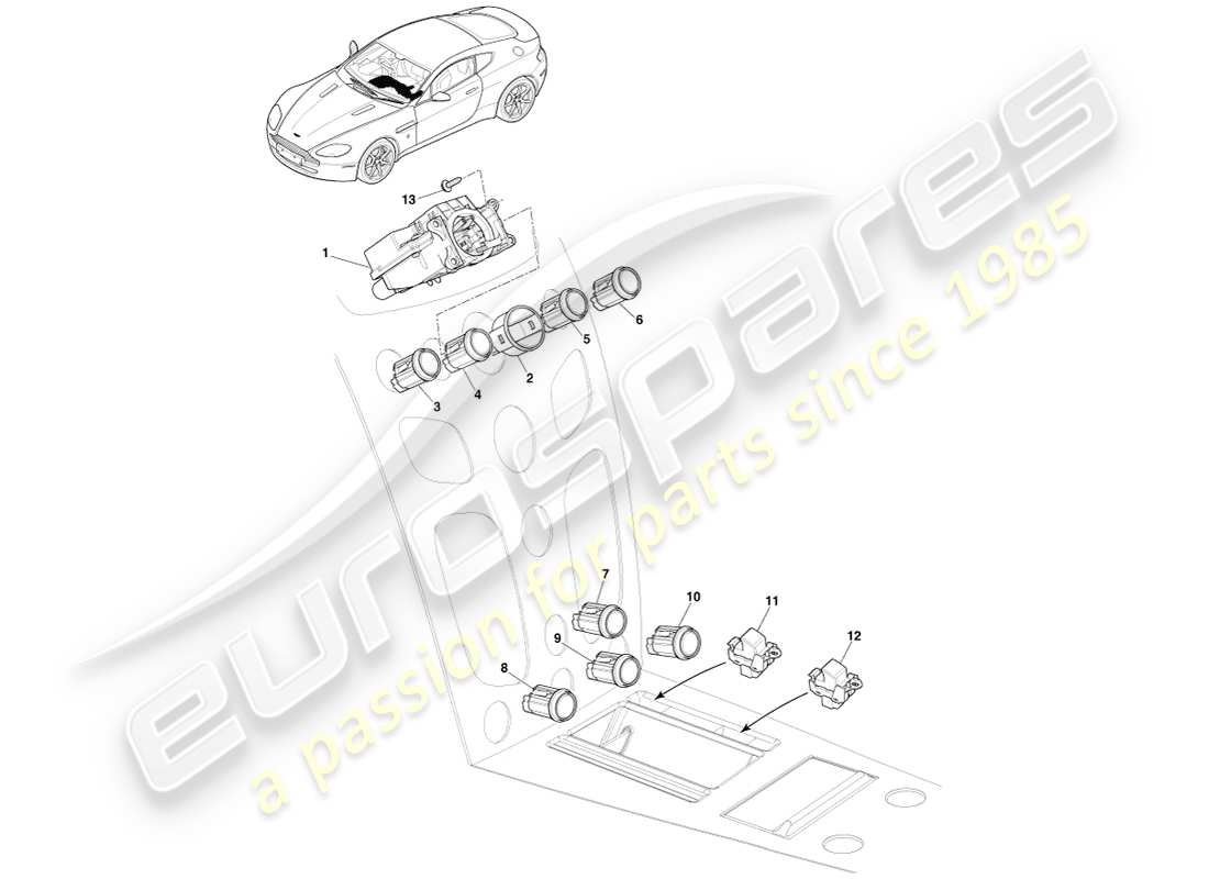 aston martin v8 vantage (2005) commutateurs de console centrale, asm, diagramme de pièces 16my