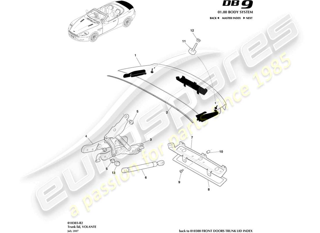 aston martin db9 (2008) couvercle de coffre, diagramme de pièce volante
