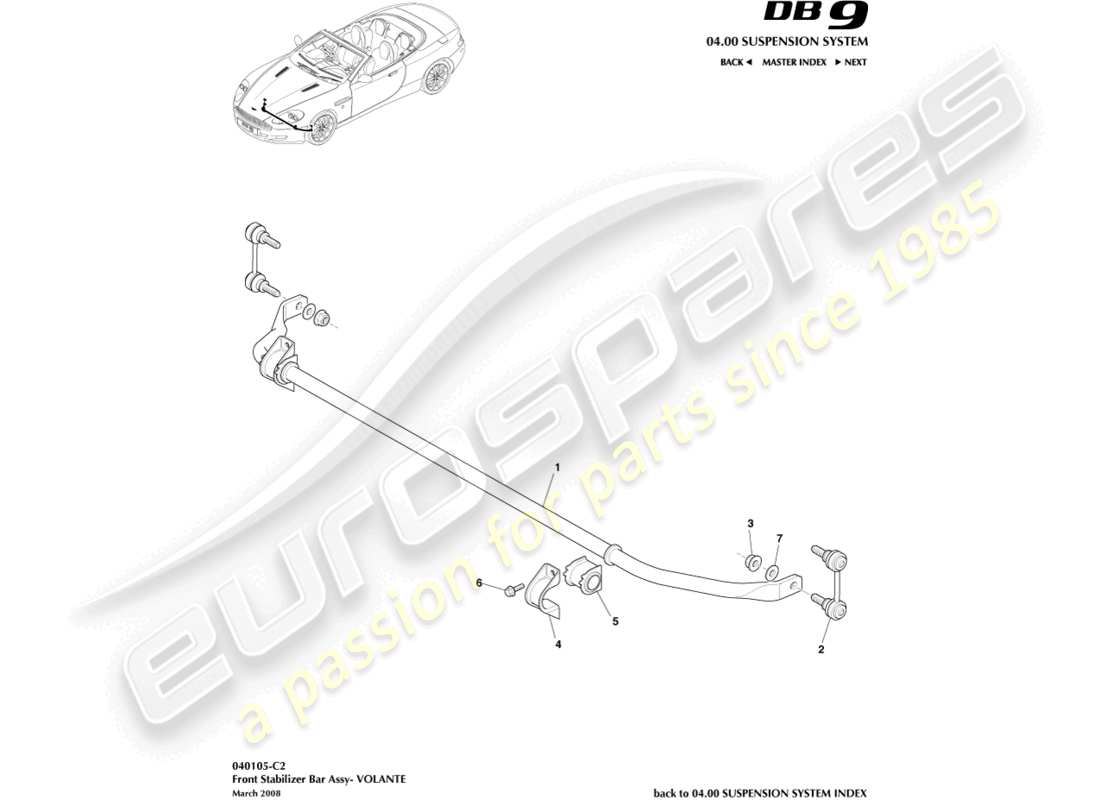 aston martin db9 (2007) barre stabilisatrice avant, diagramme de pièce volante