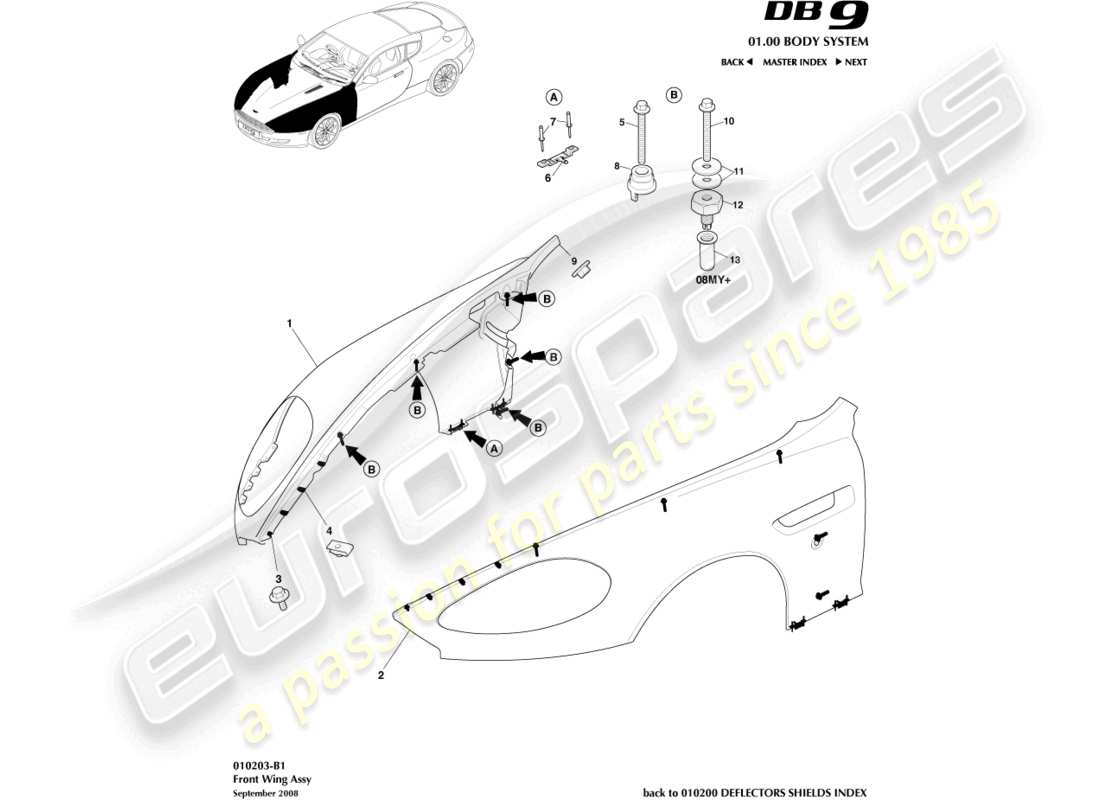 aston martin db9 (2005) assemblage de l'aile avant schéma des pièces