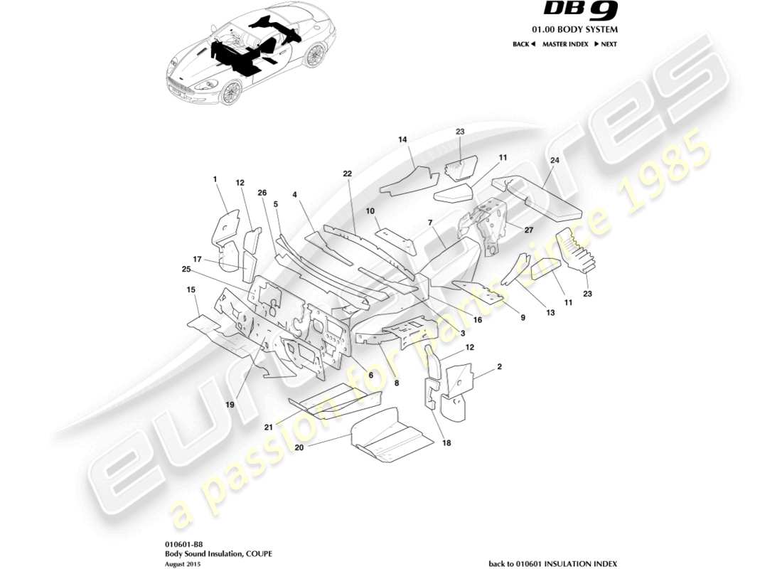 aston martin db9 (2008) isolation de la carrosserie, diagramme de pièces du coupé
