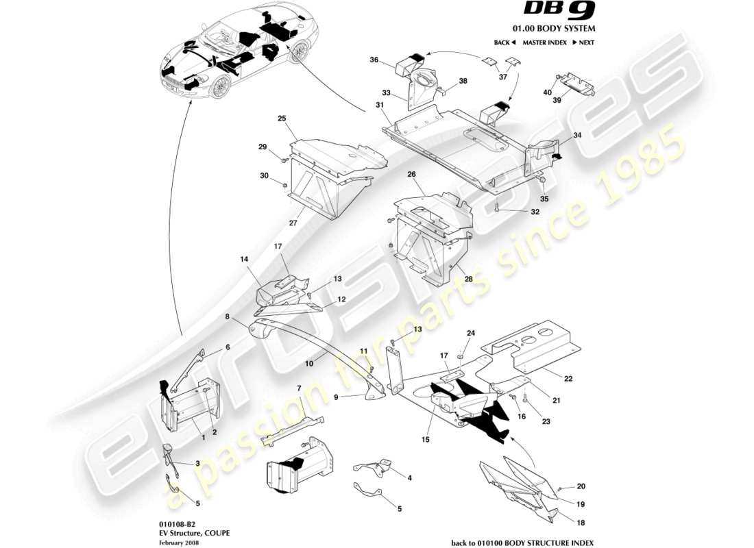 aston martin db9 (2011) structure ev, diagramme de pièces du coupé