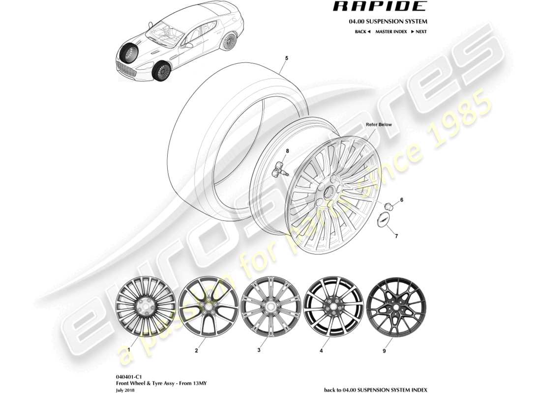 aston martin rapide (2019) roue et pneus, avant à partir de 13my schéma des pièces