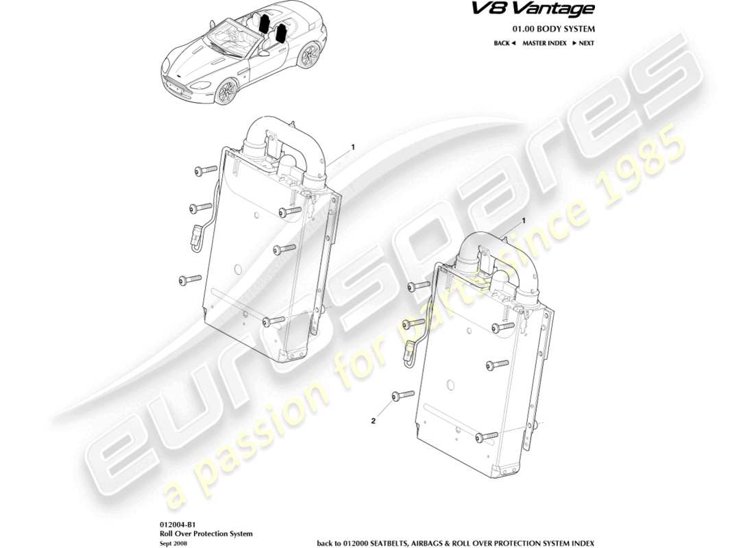 aston martin v8 vantage (2014) installation du rops, diagramme des pièces du roadster