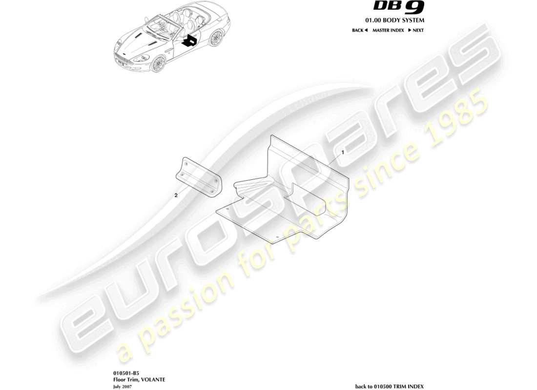 aston martin db9 (2008) garniture de plancher, diagramme de pièce volante