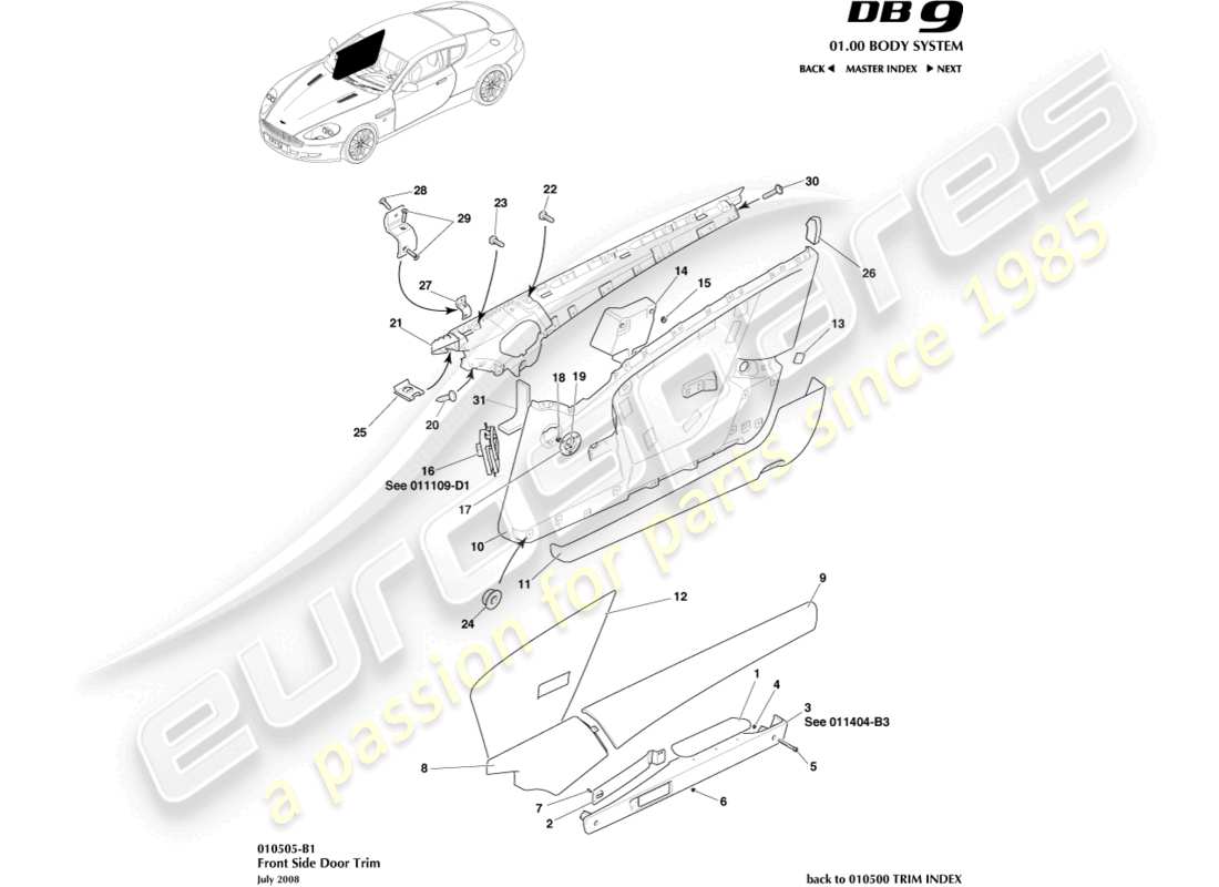 aston martin db9 (2008) garniture de porte schéma des pièces