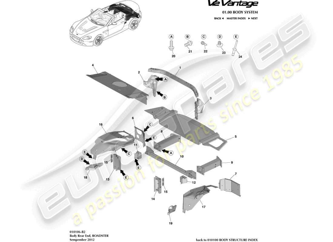 aston martin v12 vantage (2013) partie arrière de la carrosserie, diagramme des pièces du roadster