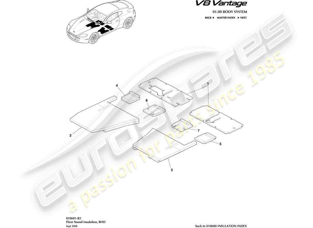 aston martin v8 vantage (2015) isolation phonique du sol, diagramme de pièces rhd