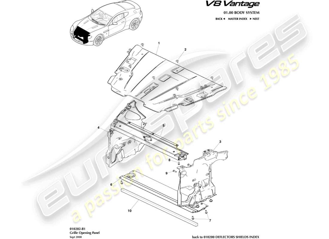 aston martin v8 vantage (2015) diagramme des pièces du panneau d'ouverture de la grille