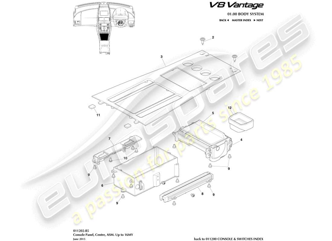 aston martin v8 vantage (2010) console avant, asm, vers 16my diagramme de pièce