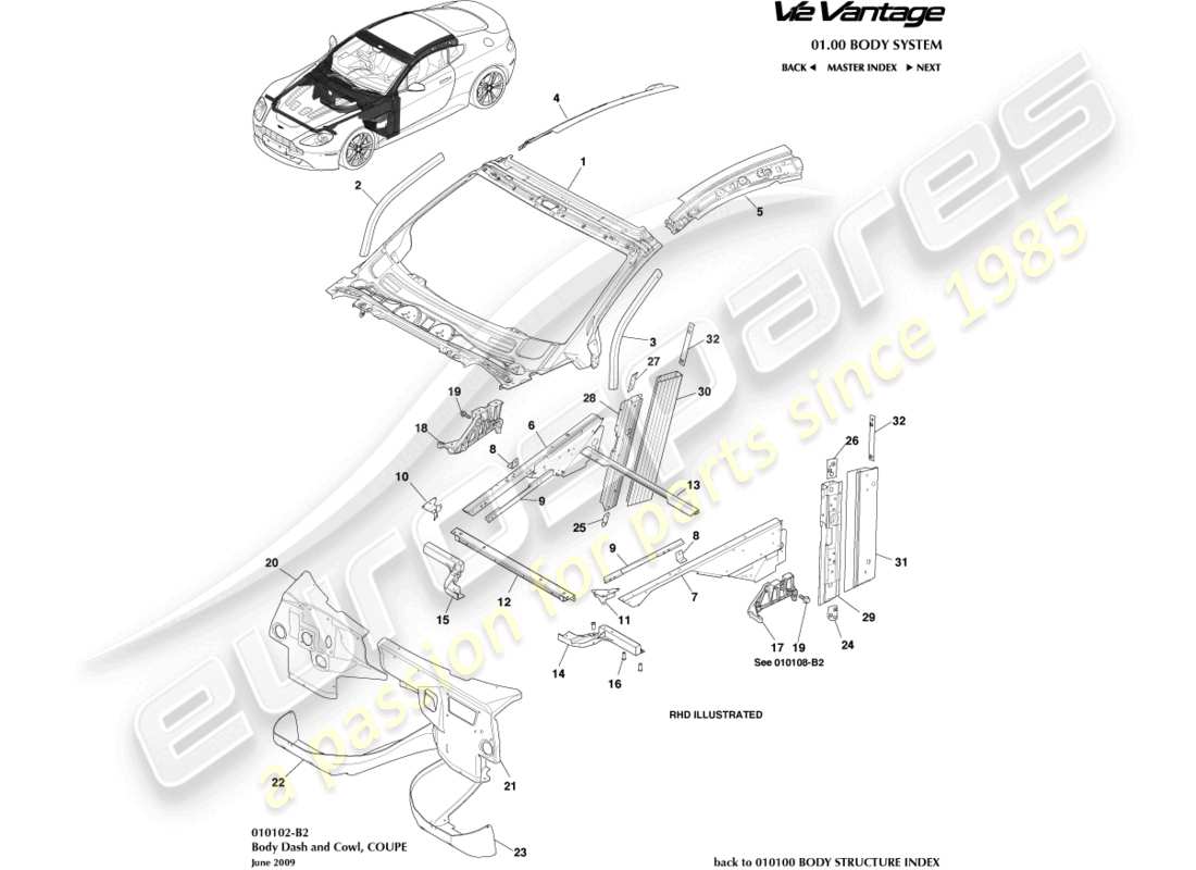 aston martin v12 vantage (2013) tableau de bord et capot de carrosserie, diagramme de pièce du coupé