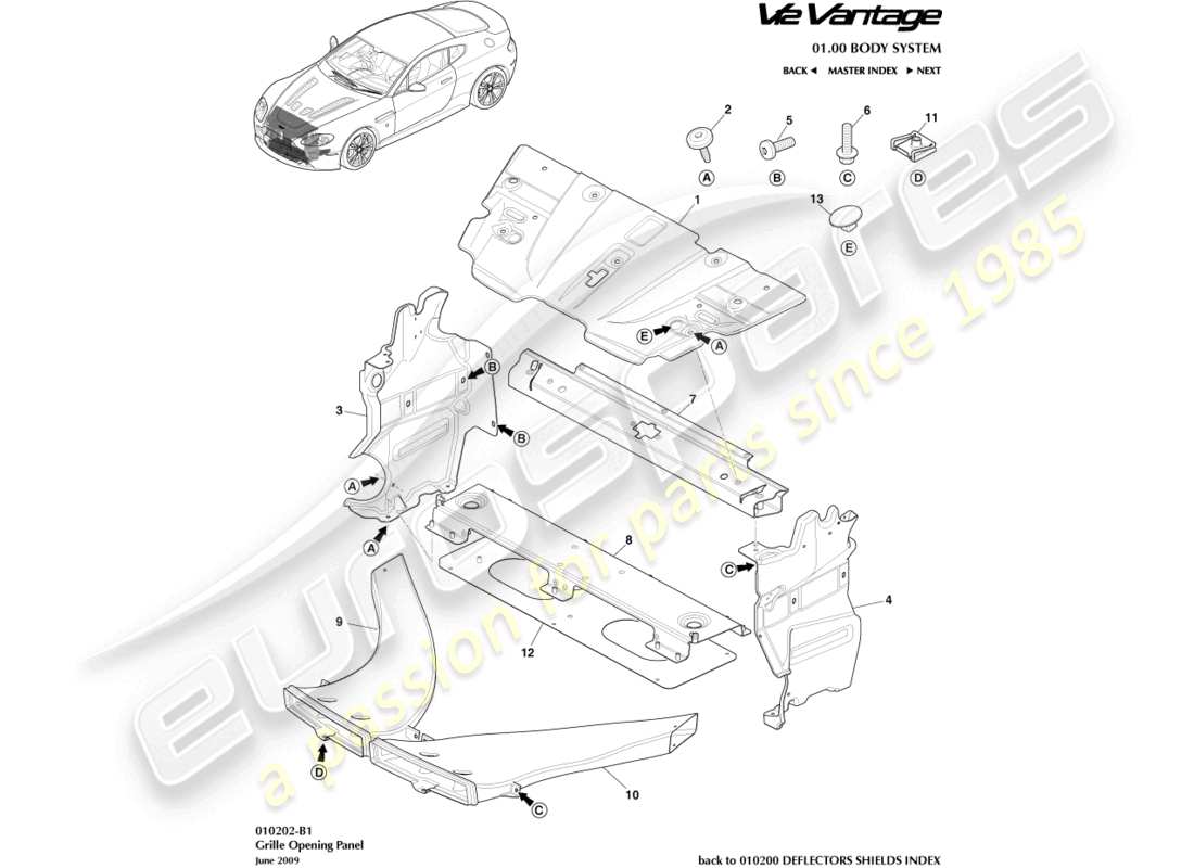 aston martin v12 vantage (2013) diagramme des pièces du panneau d'ouverture de la grille