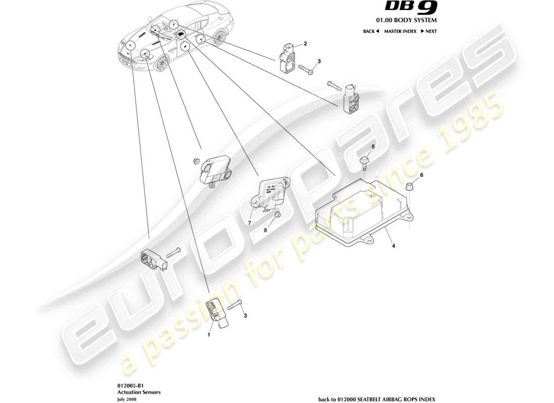 aston martin db9 (2008) diagramme des pièces des capteurs d'actionnement