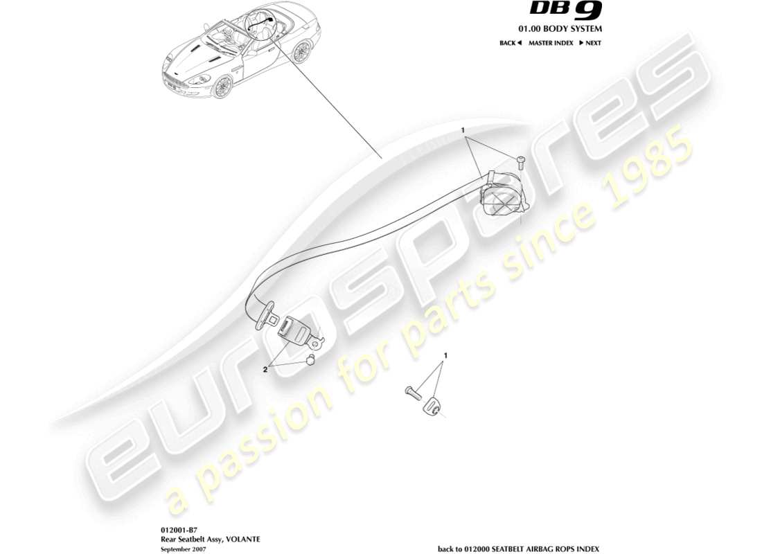 aston martin db9 (2007) ceintures de sécurité arrière, diagramme de pièce volante