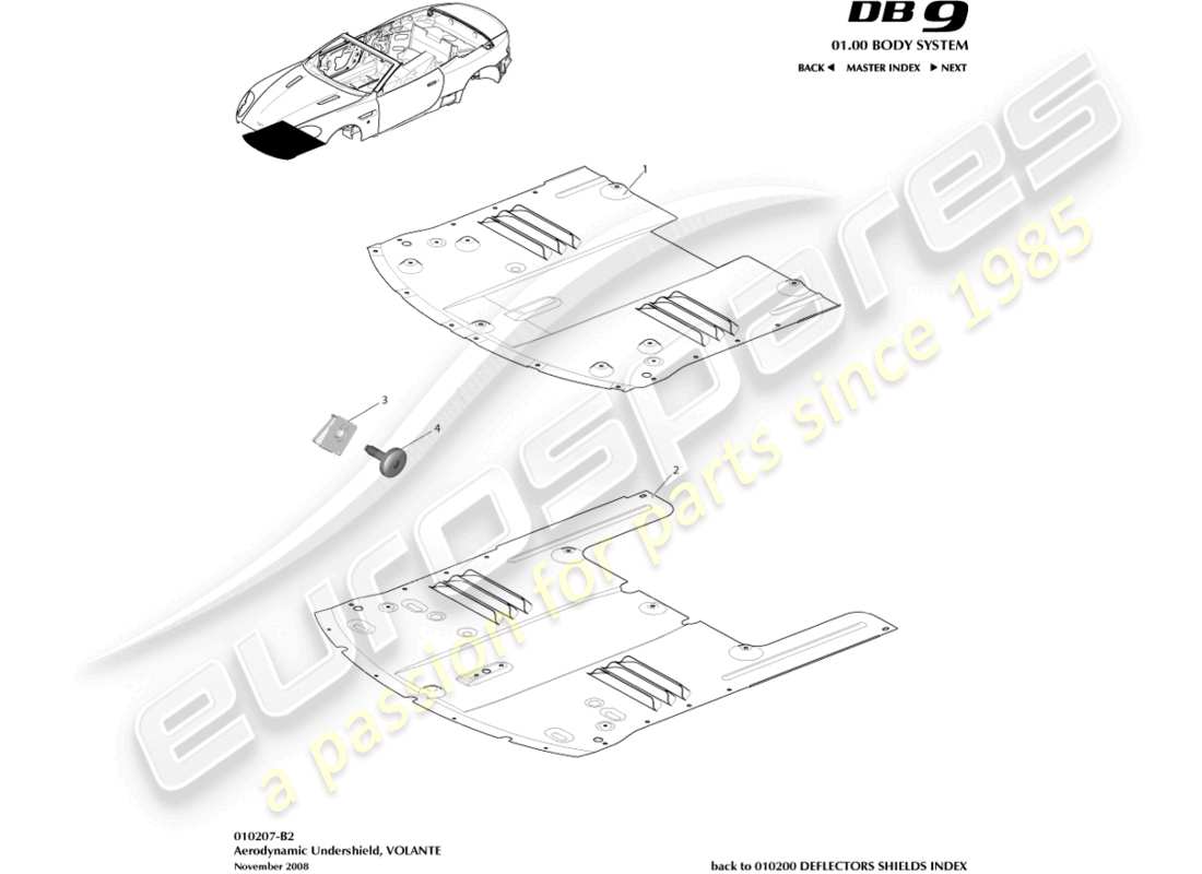 aston martin db9 (2007) sous-bouclier avant, diagramme de pièce volante