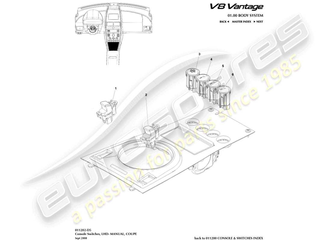 aston martin v8 vantage (2010) commutateurs de console, coupé, diagramme de pièces lhd