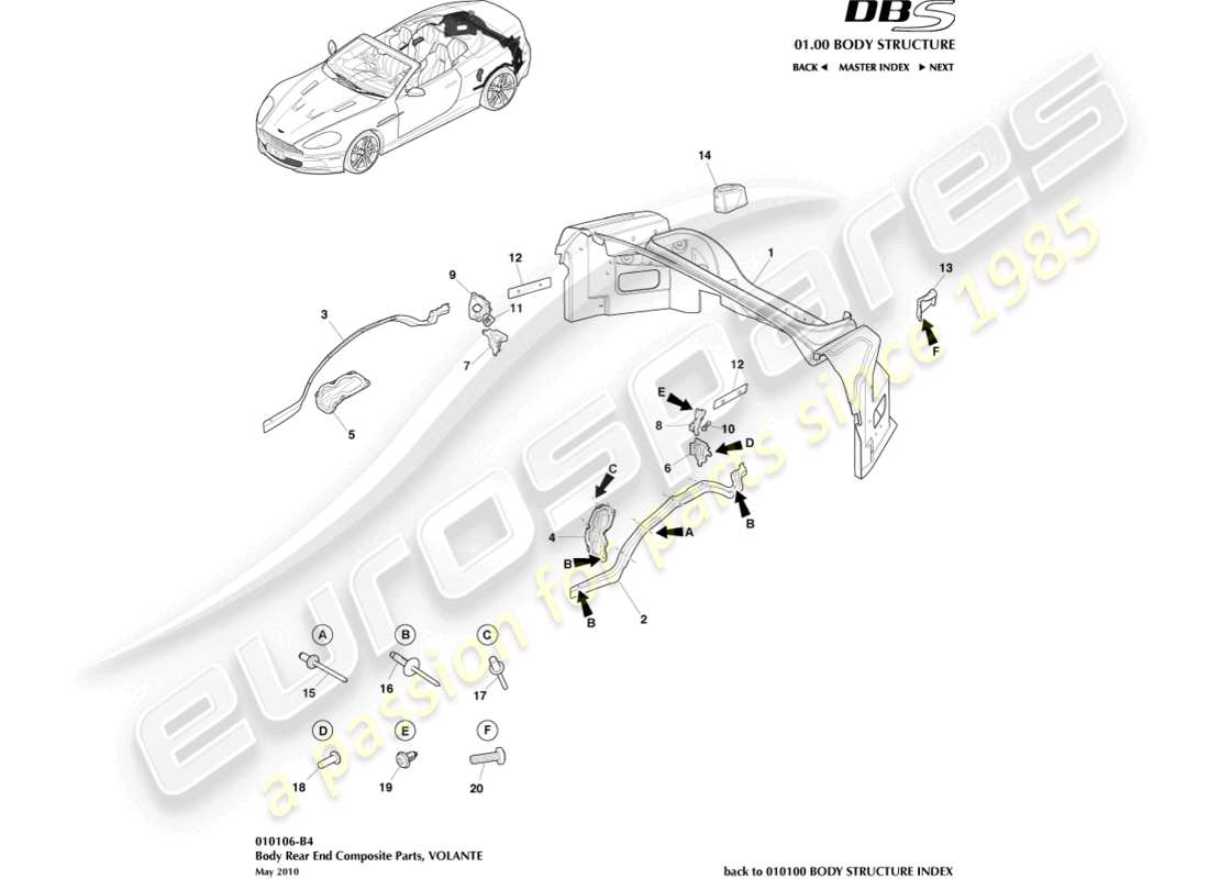 aston martin dbs (2014) corps arrière composite, volante schéma des pièces