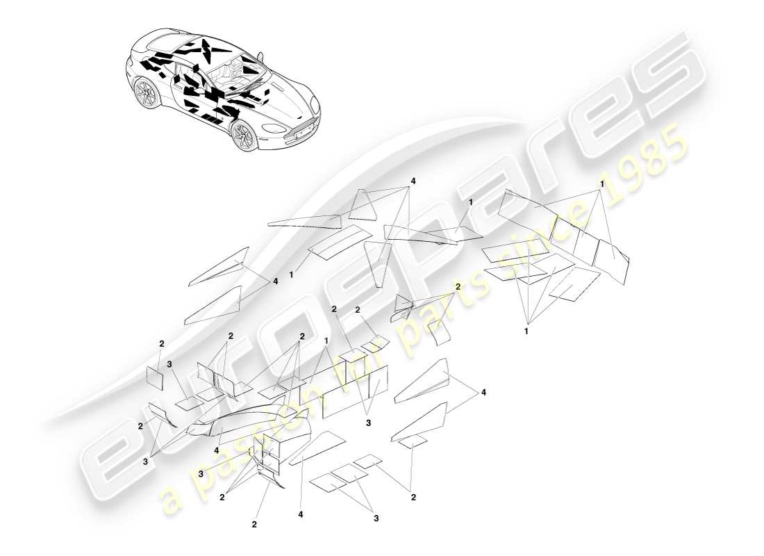 aston martin v8 vantage (2005) coussinets sonores anti-can, diagramme de pièces lhd