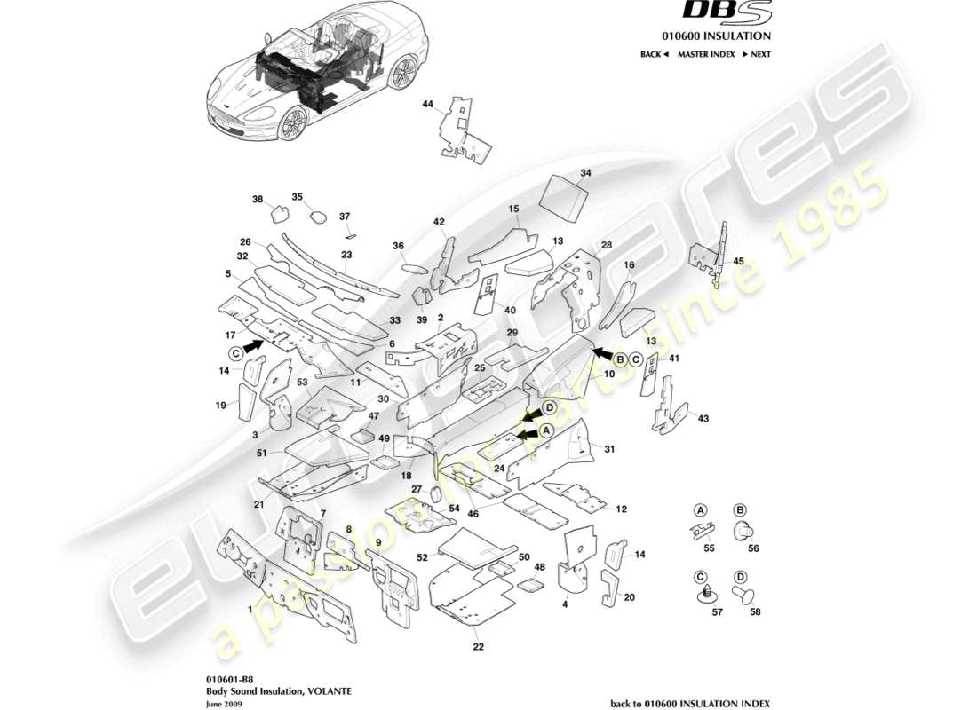 aston martin dbs (2007) isolation de carrosserie, volante schéma des pièces