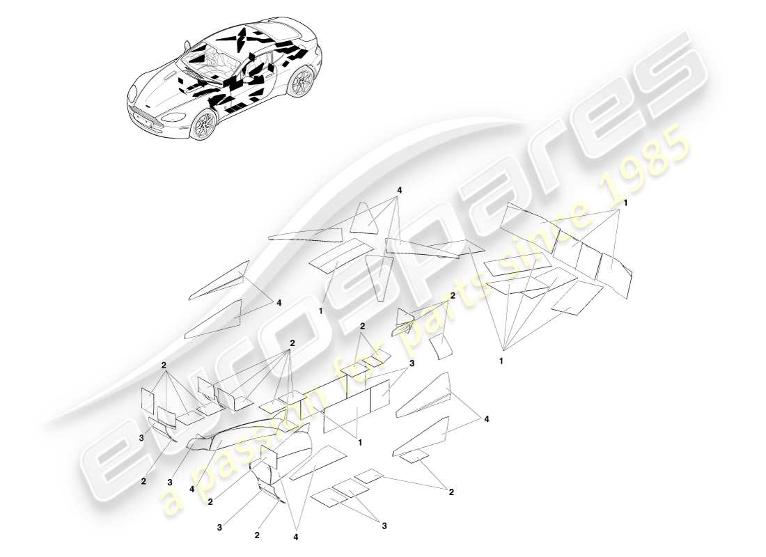 aston martin v8 vantage (2005) coussinets sonores anti-can, diagramme de pièce rhd