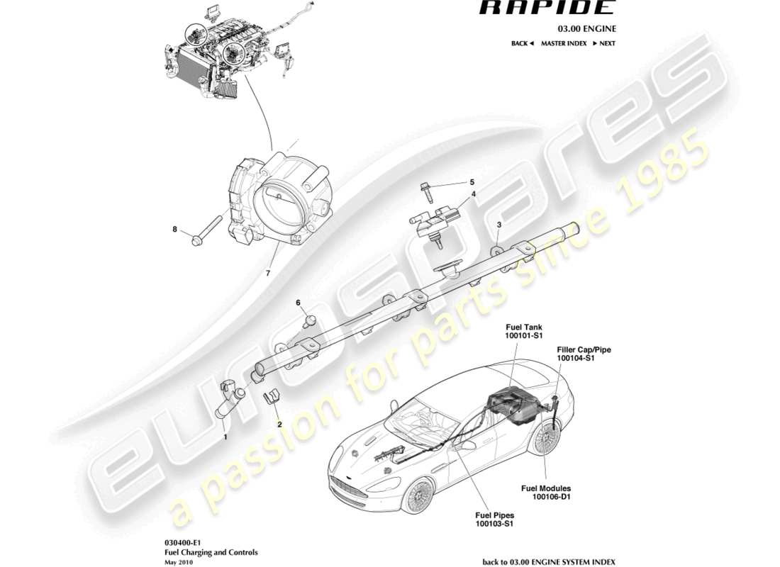 aston martin rapide (2013) chargement et contrôles du carburant schéma des pièces