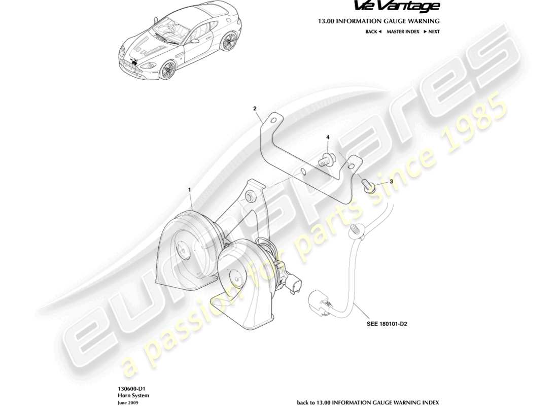 aston martin v12 vantage (2013) diagramme des pièces du système de klaxon