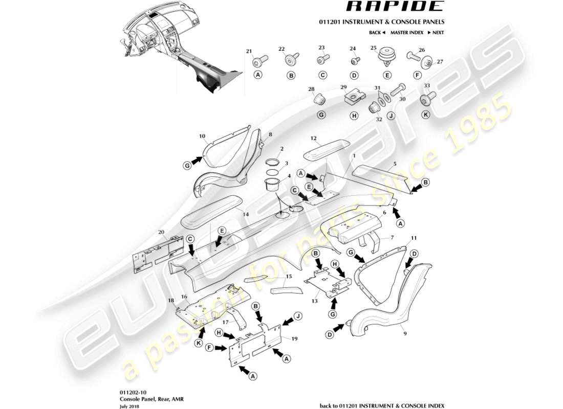 aston martin rapide (2017) console arrière, diagramme de pièce amr