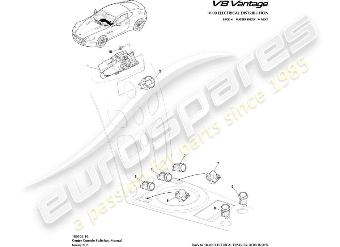 aston martin v8 vantage (2008) commutateurs de console centrale, manuel, diagramme de pièces 16my