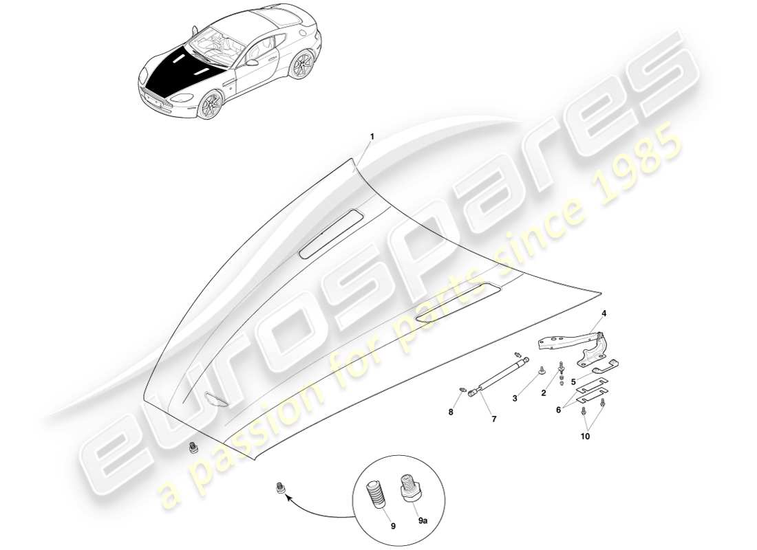 aston martin v8 vantage (2005) schéma du capot et des pièces de montage